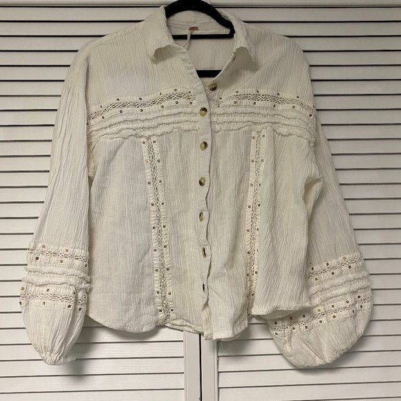 Free People Long Sleeve Boho Button Down Top NWOT - Picture 2 of 8